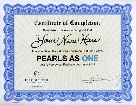 CPAA Certified Pearl Specialist Certificate - Signed and Frameable